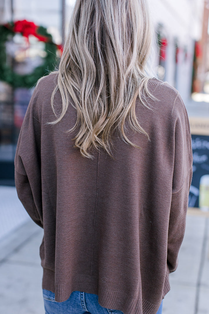 Back view of Model wearing a brown sweater with long sleeves and a round neck.