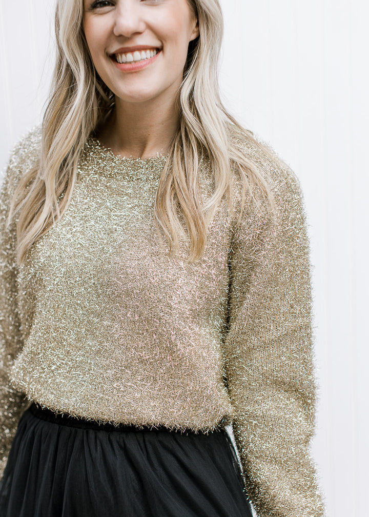 Model wearing a gold sweater with a tinsel material, round neck and long sleeves.