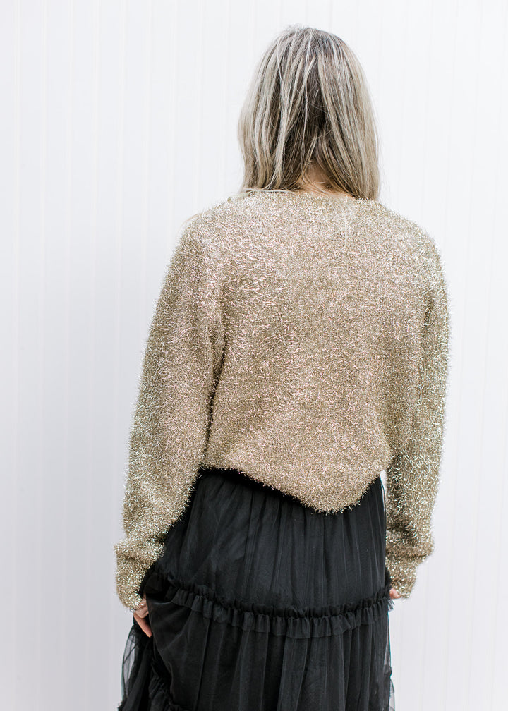 Back view of  Model wearing a gold sweater with a tinsel material, round neck and long sleeves.