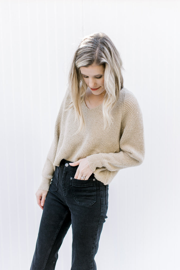 Model wearing a champagne sweater with long sleeves, a v-neck and sparkles woven into the knit.