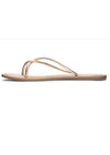Side view of of a shiney gold sandal with a twisted toe strap and a padded sole. 