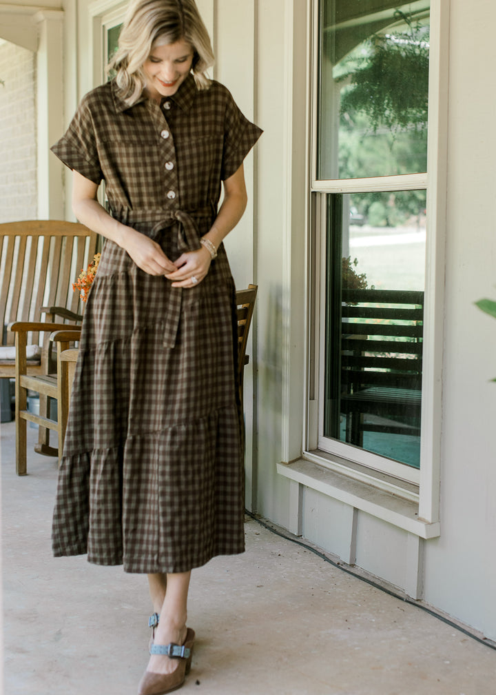 Dark Olive Check Button Maxi
