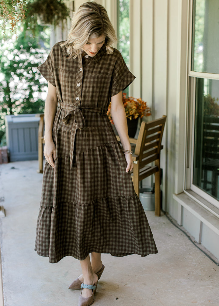 Dark Olive Check Button Maxi