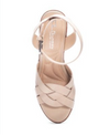 Top view of a sand color wedge sandal with a round toe, buckle closure and woven detail.