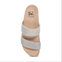 Top view of a Sandal with two crystal straps, braided natural jute wrap and a grip sole. 