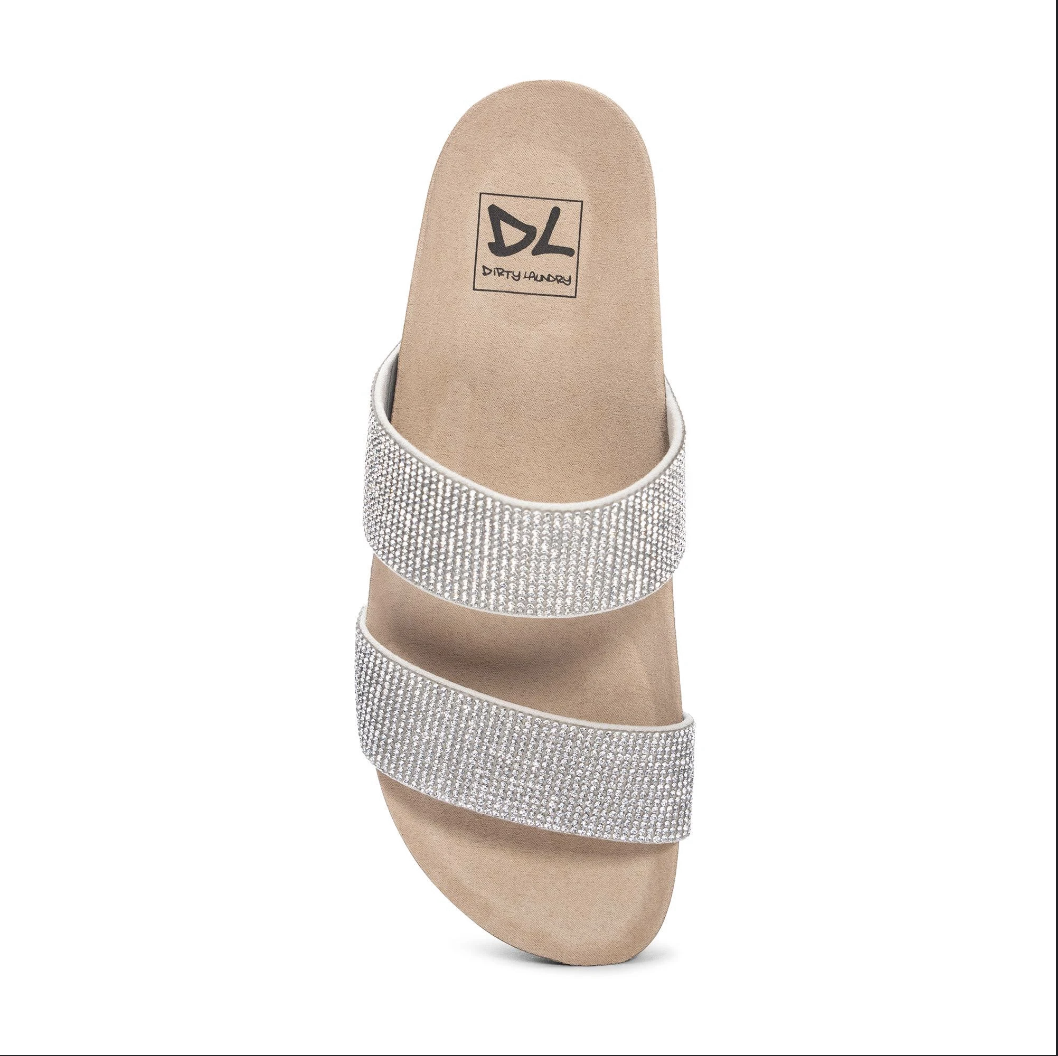 Top view of a Sandal with two crystal straps, braided natural jute wrap and a grip sole. 