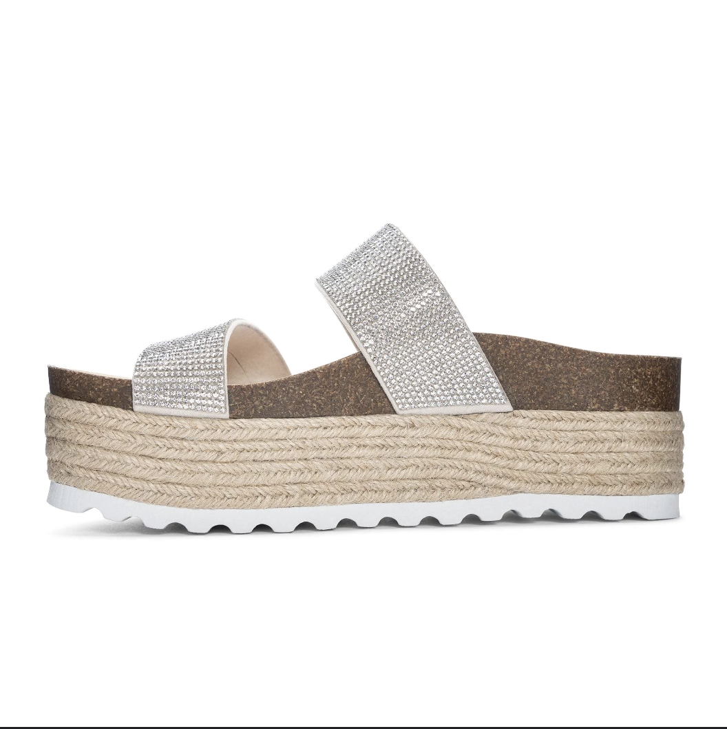 Inside view of Sandal with two crystal straps, braided natural jute wrap and a grip sole. 