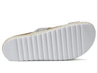 Bottom view of Sandal with two crystal straps, braided natural jute wrap and a grip sole. 