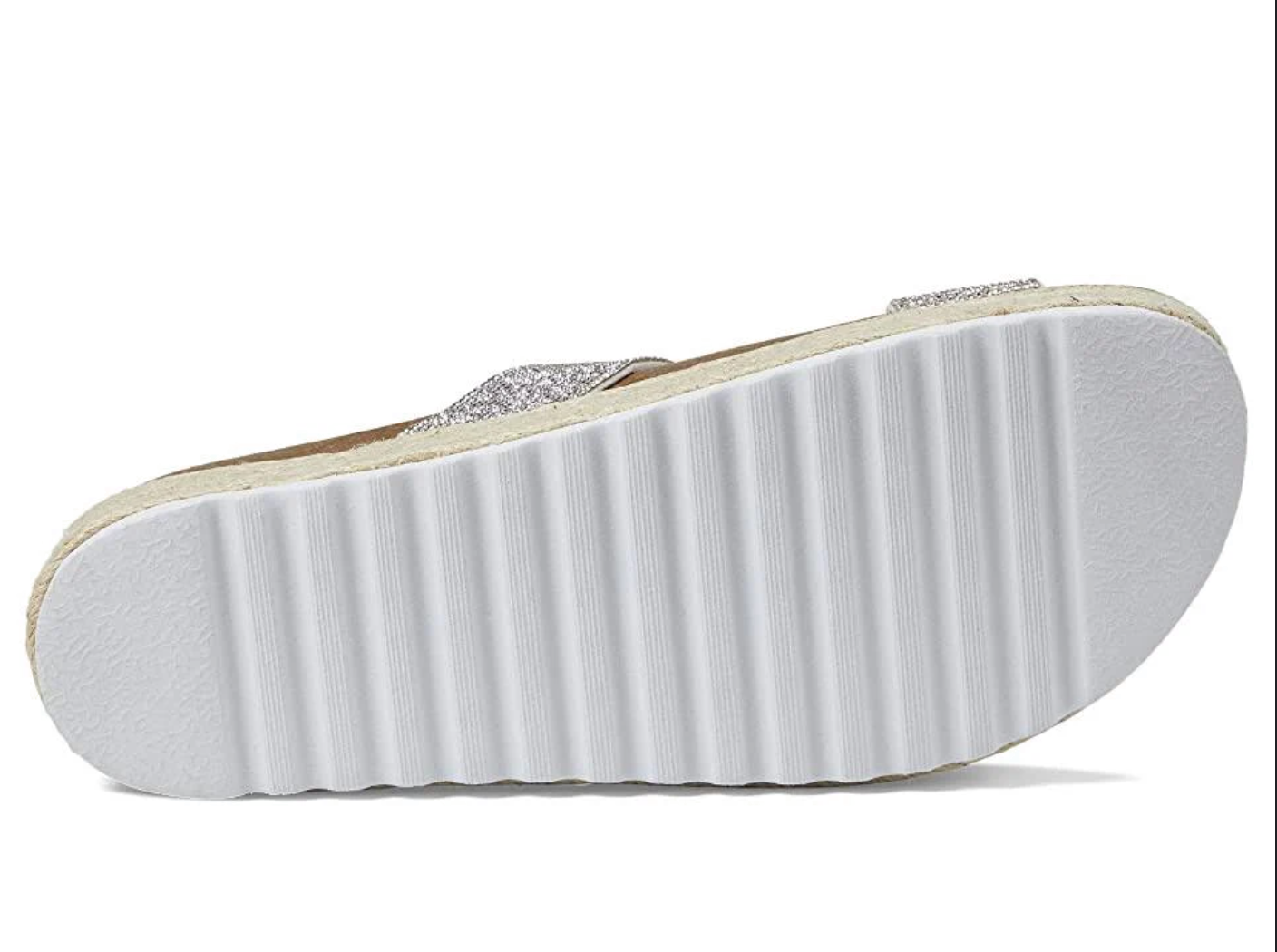 Bottom view of Sandal with two crystal straps, braided natural jute wrap and a grip sole. 
