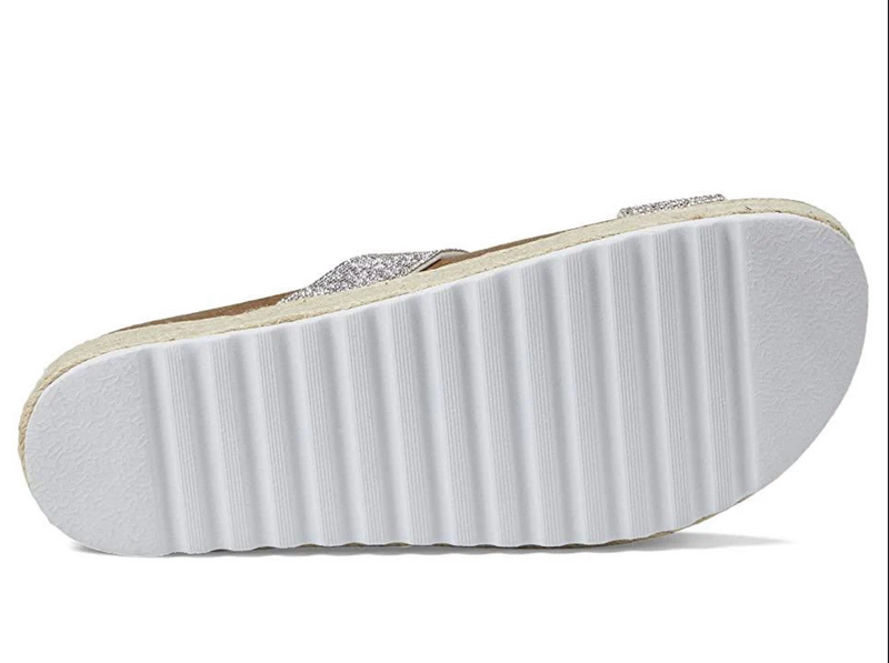 Bottom view of Sandal with two crystal straps, braided natural jute wrap and a grip sole. 