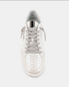 Top view of a retro sneaker with a pearly faux leather, silver glitter star and short knot lace. 