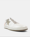 Front and side view of retro sneaker with a pearly faux leather, silver glitter star and short laces