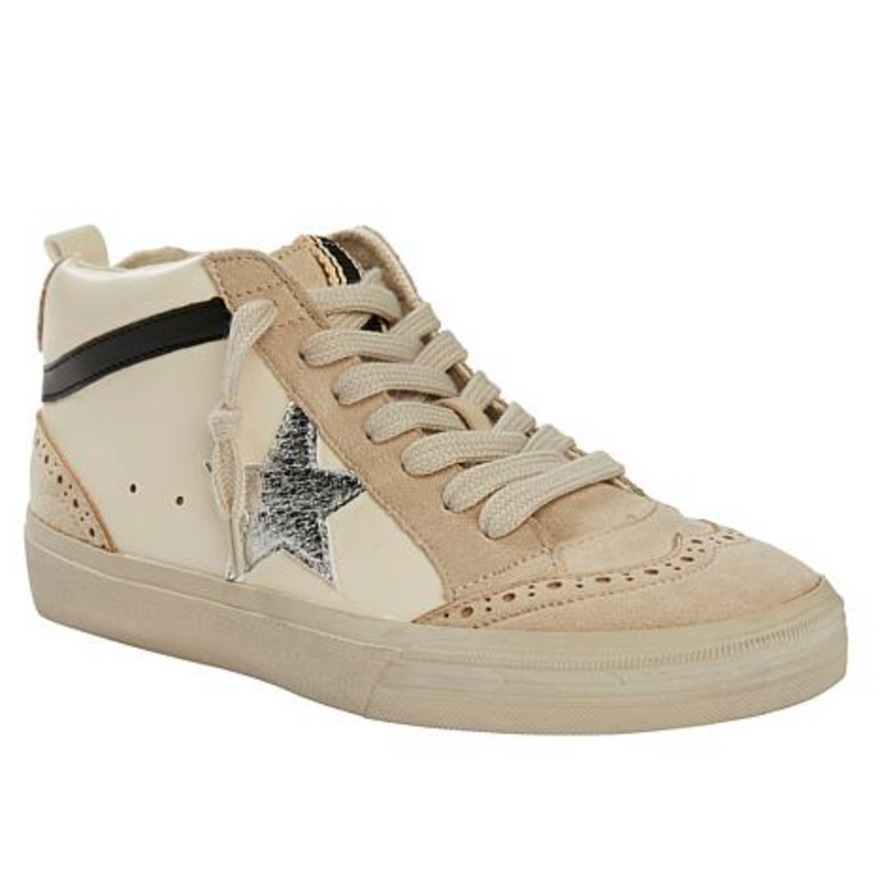 Front view of mid top sneakers with cream tones, black stripe and a star on the outside. 