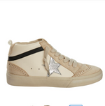 Outside view of mid top sneakers with cream tones, black stripe and a star on the outside. 