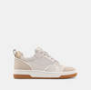 Inside view of a cream sneaker with a taupe upper, brown sole and mesh detail.  