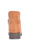 Back view of a tan bootie lined with faux fur, having a side zip and a 3.5 inch shaft. 
