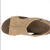 Top view of faux leather wedge sandals with sling back adjustable strap and a cushioned footbed.