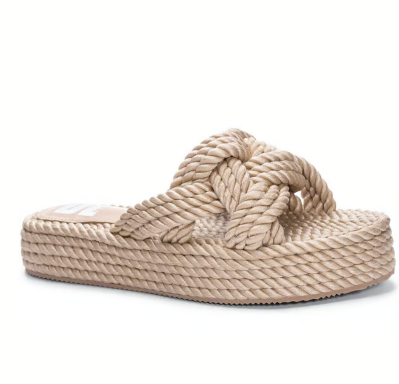  Outside view of platform sandal with a knotted rope detail.