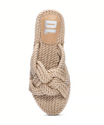 Top view of platform sandal with a knotted rope detail.