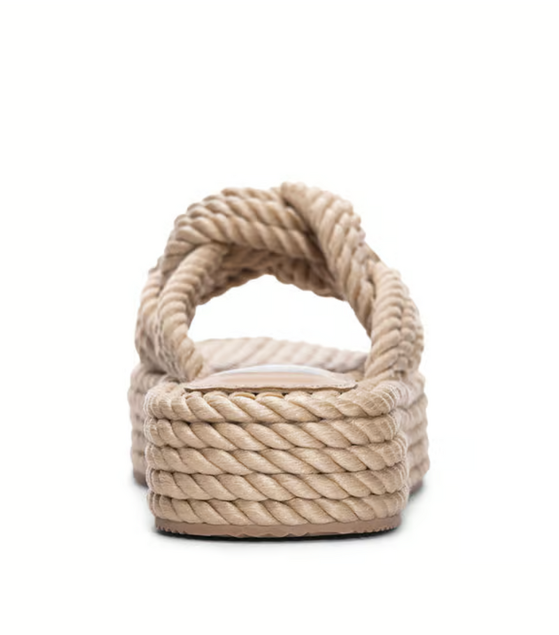 Back view of platform sandal with a knotted rope detail.