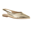 Side view of gold sling flats with a pointed toe and elastic back strap. 