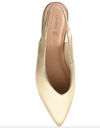 Top down view of gold sling flats with a pointed toe and elastic back strap. 