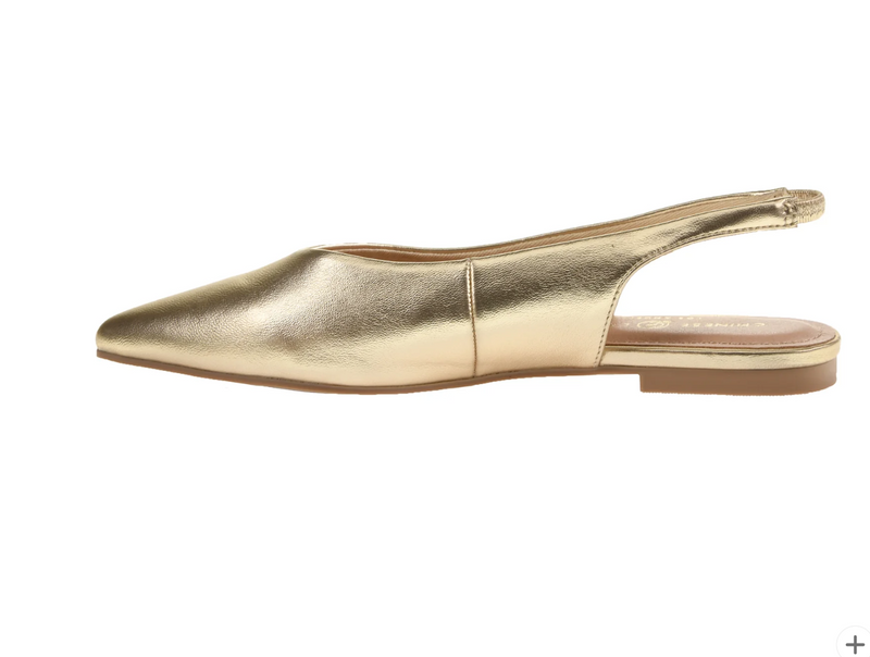 Inside view of gold sling flats with a pointed toe and elastic back strap. 