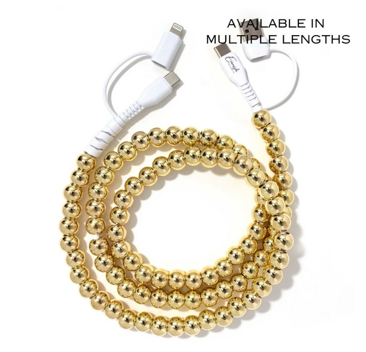 Top view of charger with gold beaded design. Multi-compatible: USB, USB-C, and Apple Lightning.