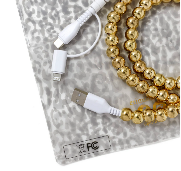 Charger with gold beaded design and multi-compatible: USB, USB-C, and Apple Lightning.