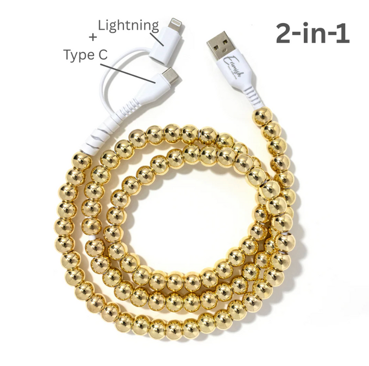 View of charger with gold beaded design. Multi-compatible: USB, USB-C, and Apple Lightning.