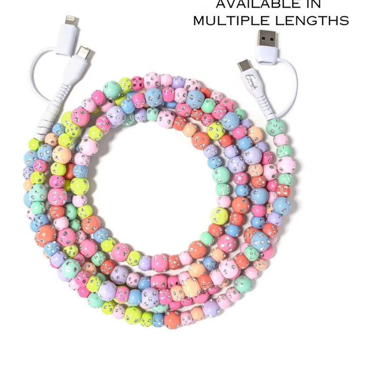 Pastel and crystal beaded charger with bling. Multi-compatible: USB, USB-C, and Apple Lightning.