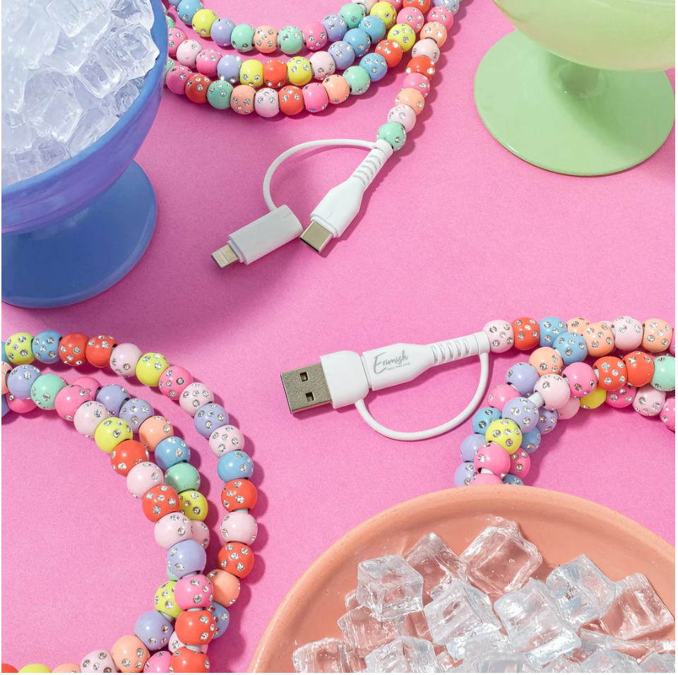 View of multiple pastel and crystal beaded charger with bling and 3 or 6 foot length. 