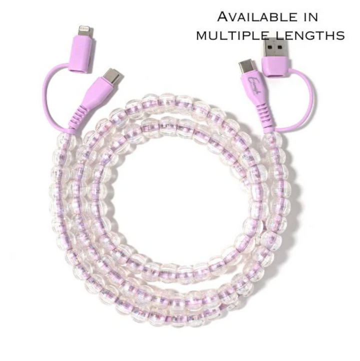 Top view of purple beaded charger with multi-compatible ends: USB, USB-C, and Apple Lightning.