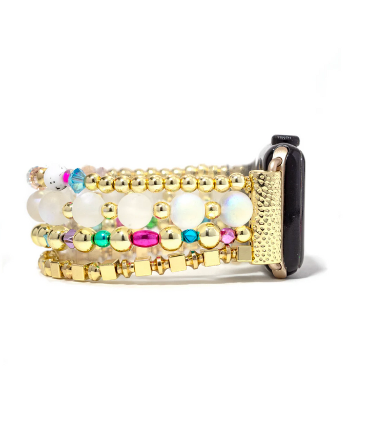 Side view of a gold tone bracelet-style apple band with pastel, gold tone, and frosted bead details.