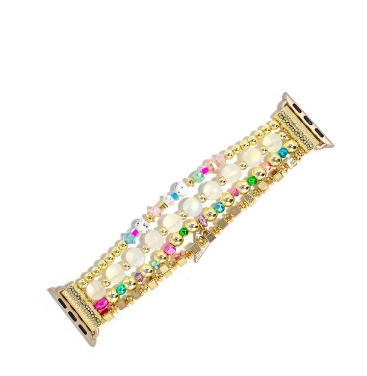 Top view of a gold tone bracelet-style apple band with pastel, gold tone, and frosted bead details.