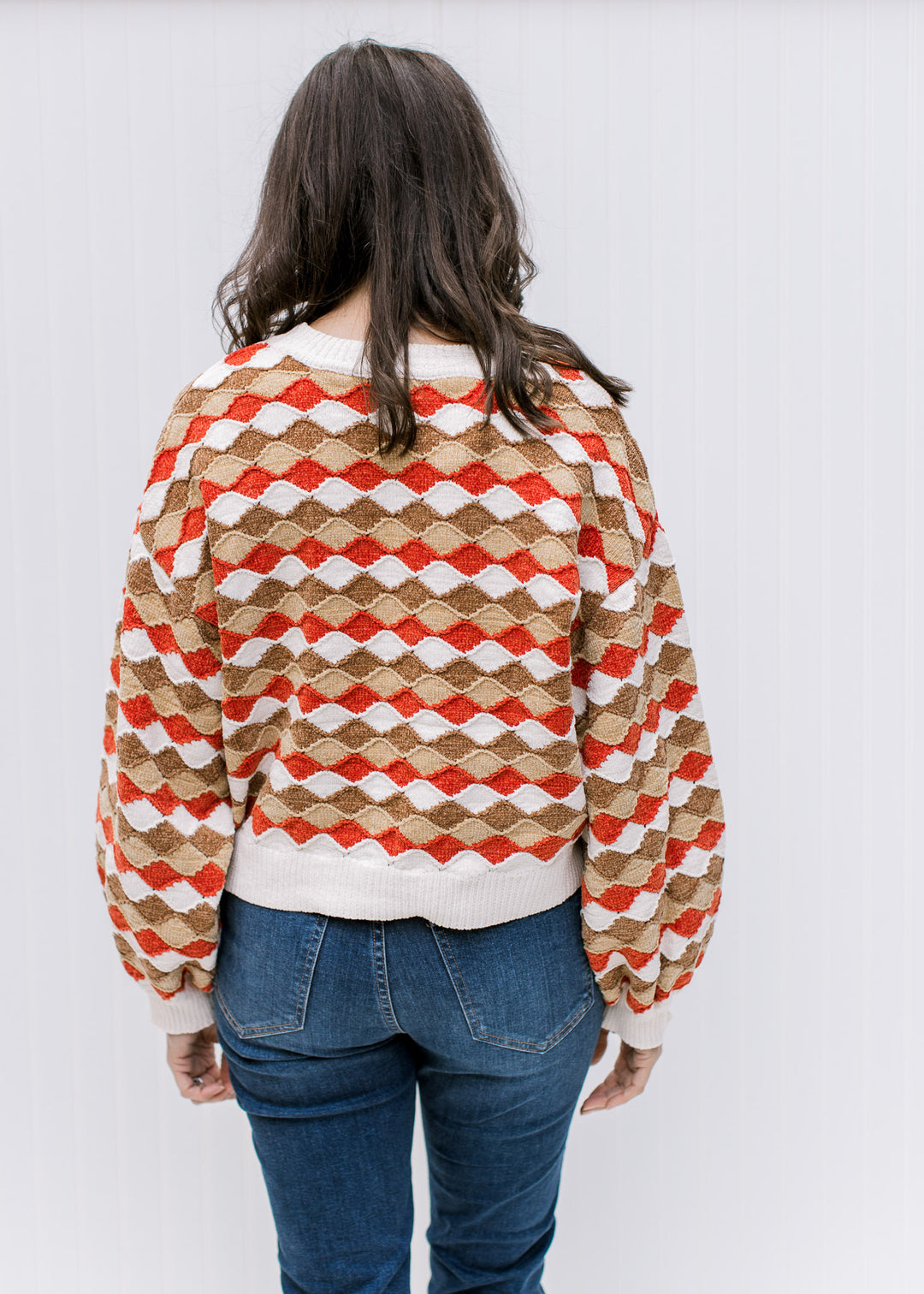 Back view of Model wearing a cream, brown, camel and rust wave sweater with bubble long sleeves. 