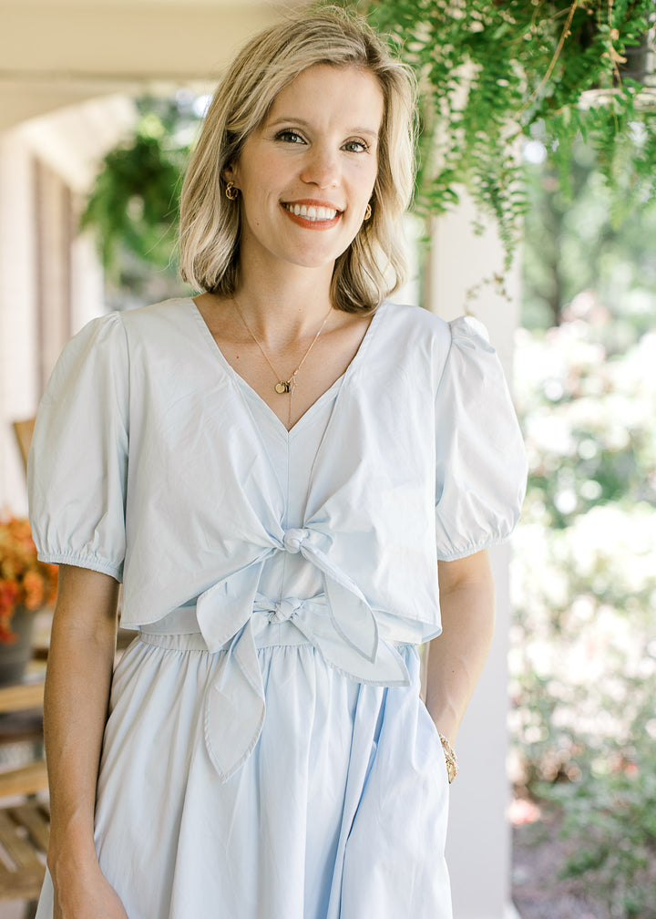 Baby Blue Front Tie Detail Dress