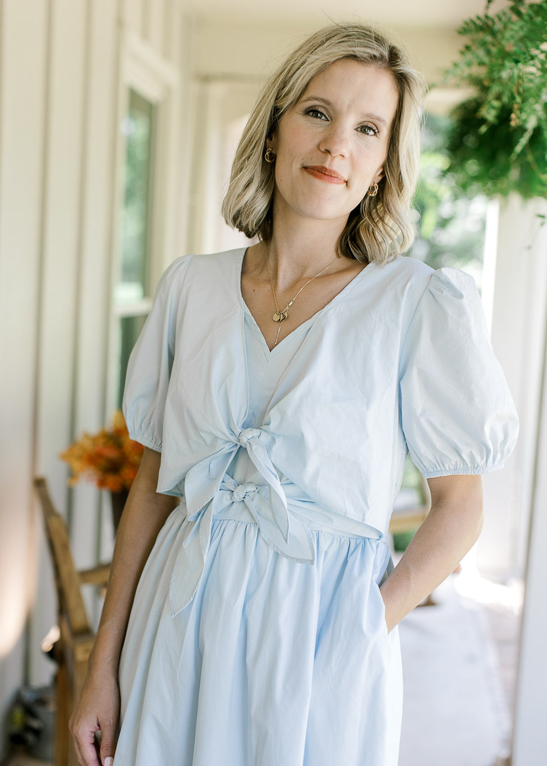 Baby Blue Front Tie Detail Dress