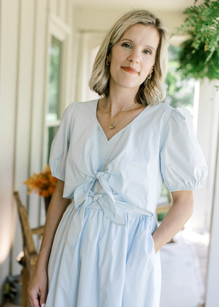 Baby Blue Front Tie Detail Dress