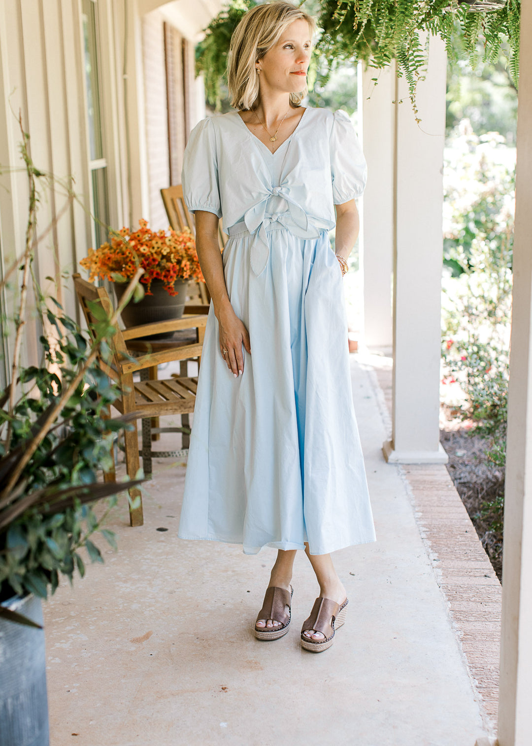 Baby Blue Front Tie Detail Dress