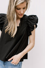 Close up of ruffle cap sleeve and eyelets detail along square neckline of a black top.