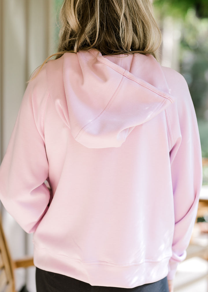 Back view of a light pink pullover with a hood, long sleeves with thumb holes and a kangaroo pouch. 