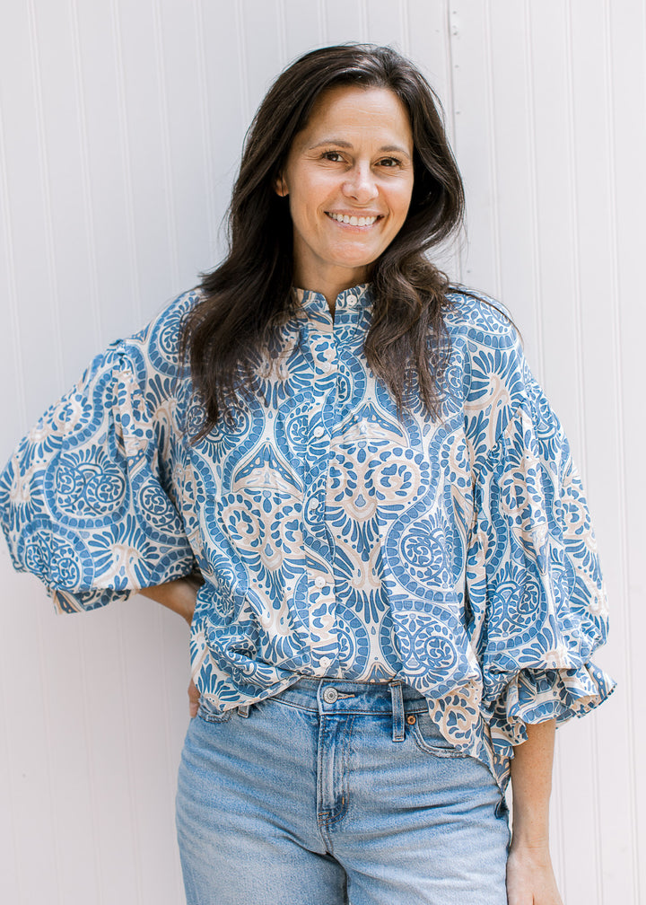 Blue and Tan Pattern Top