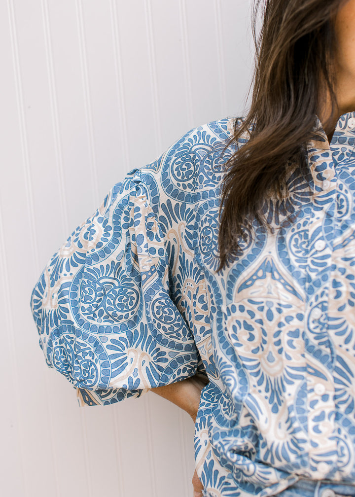 Blue and Tan Pattern Top