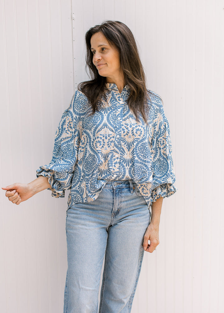 Blue and Tan Pattern Top