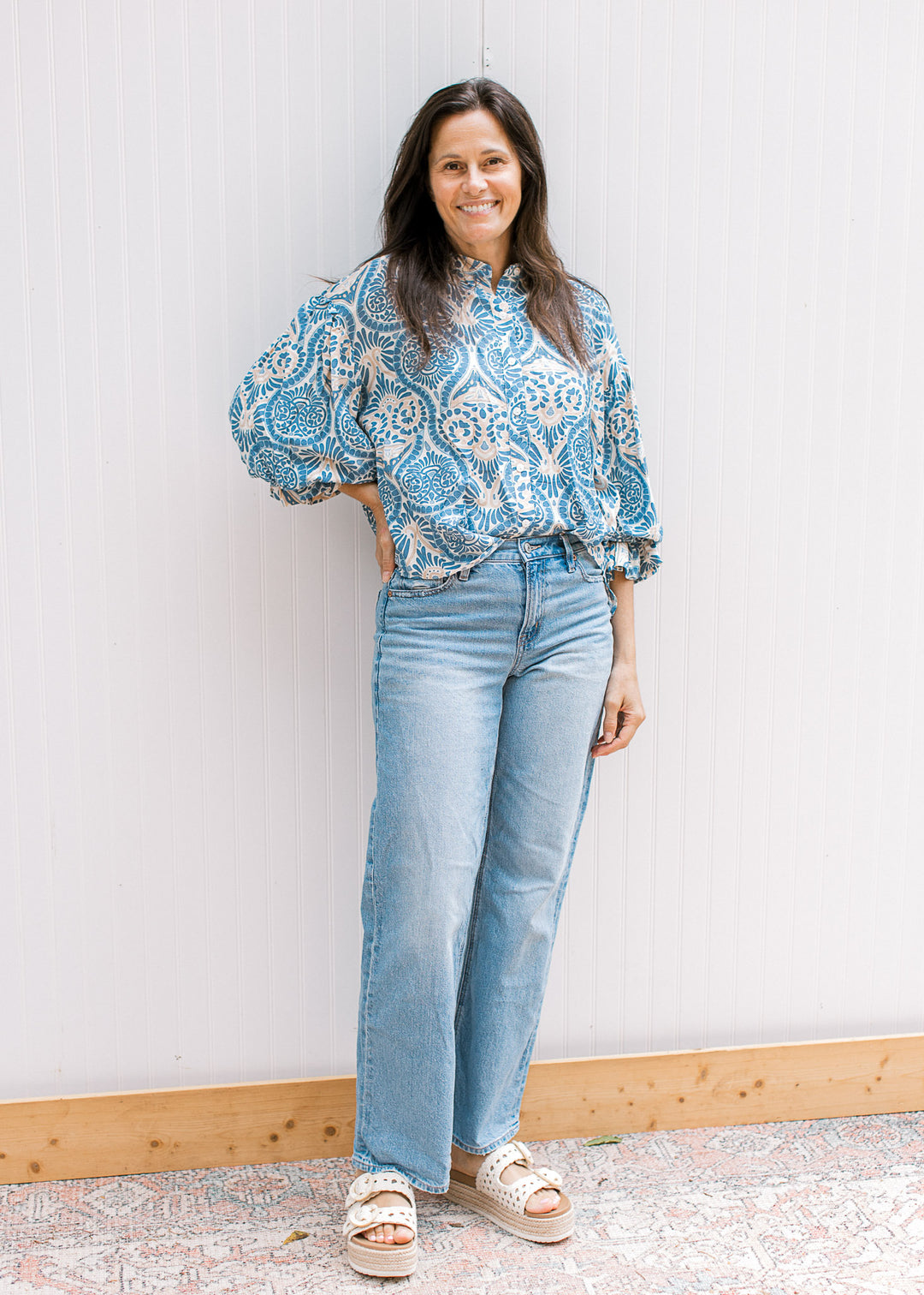 Blue and Tan Pattern Top