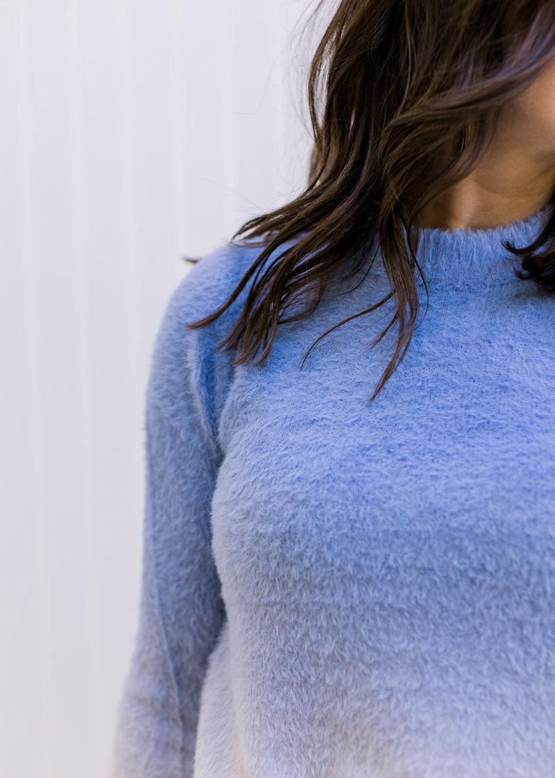 Close up of Model wearing a two toned blue sweater with long sleeves and a round neck. 