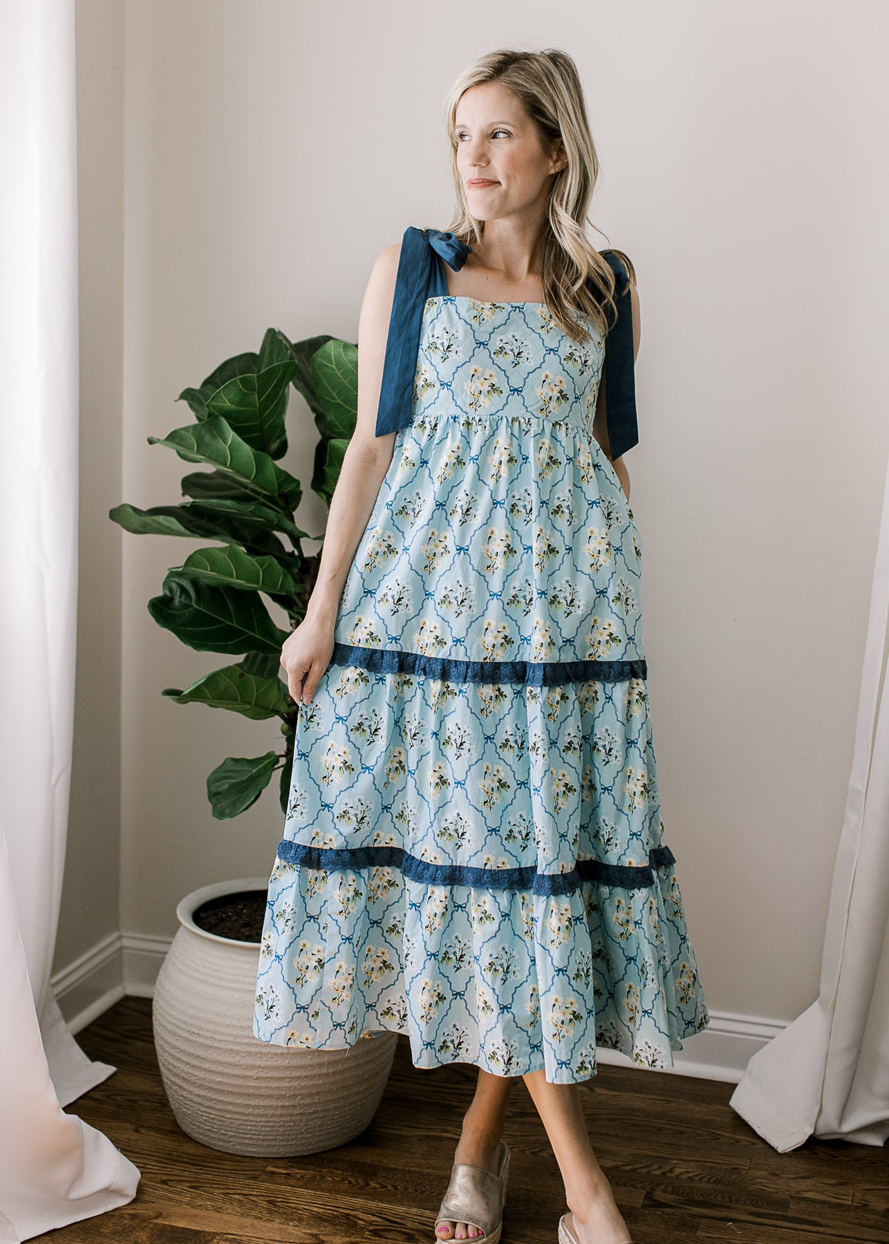 Blue Floral Shoulder Tie Midi Dress | Smocked Back & Pockets