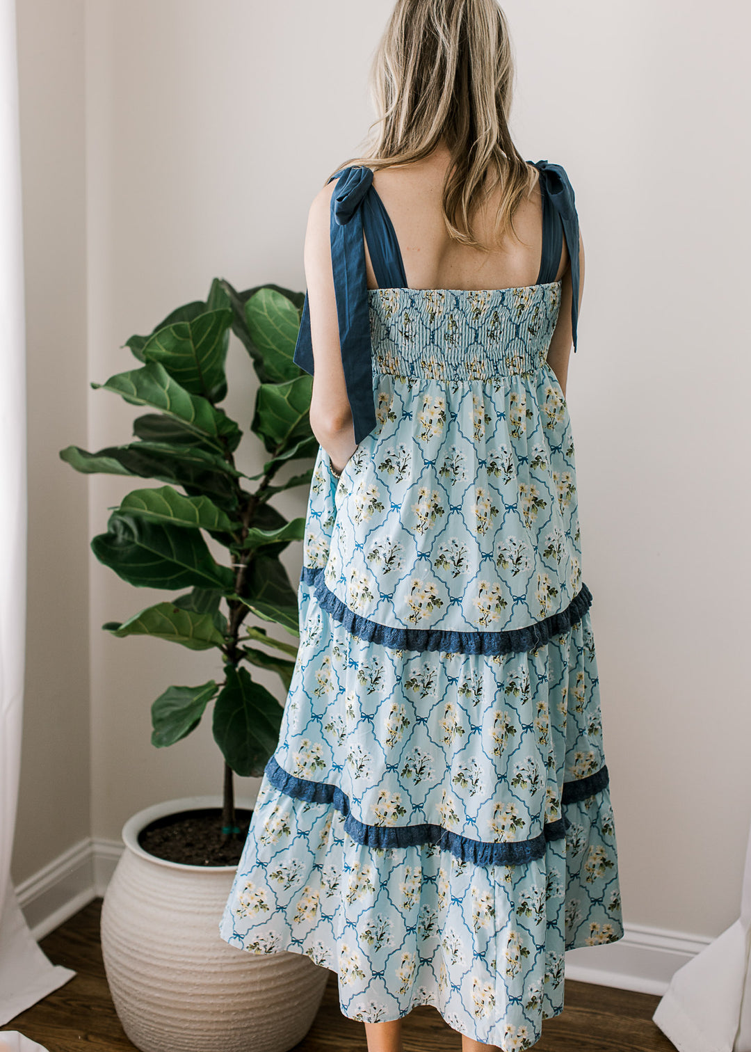 blue dress with tie straps Rihoas Floral Slip Maxi Dress V Neck Ruffle A-Line for Summer Vacation, Romantic Evening, Cocktail Party, Blue / M