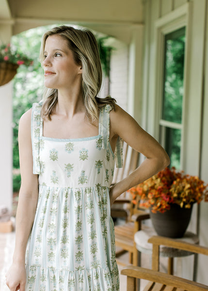 bluey green dress Blue & Floral Stamp Print Smocked Midi Length:Reg. slip-on chelsea boots summer parties Black Tie Dresses –